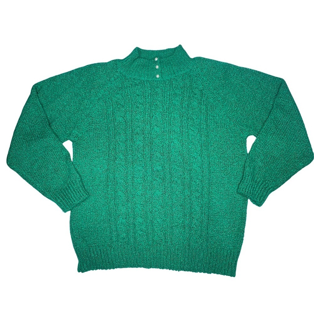 Vintage Cable Knit Sweater Faux Pearl Tall Collar Miranda Emerald Green Medium M - Picture 17 of 17